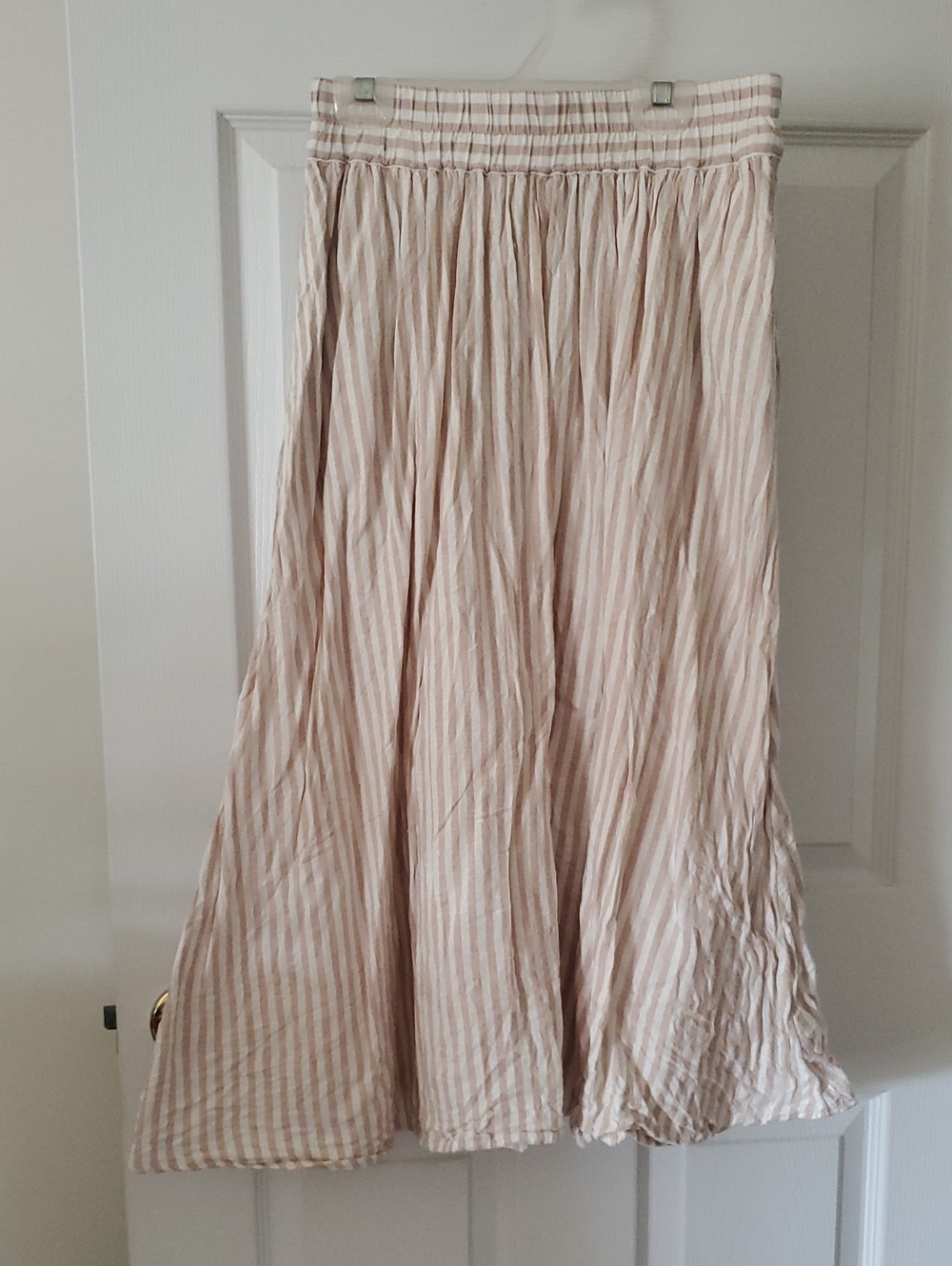 Beige and Cream Striped Midi Broomstick Skirt